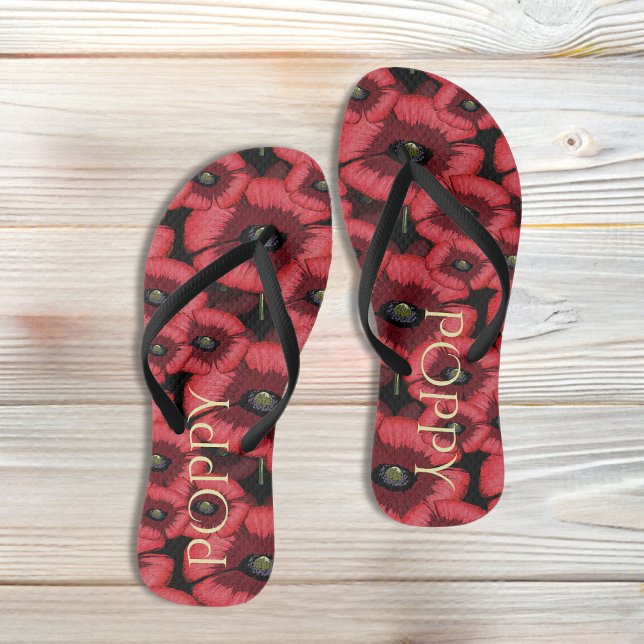 Tongs Fleurs de pavot noir et rouge Fleurs florales femm (Pop a pair of poppy flip flops on your feet. Just add your name!)