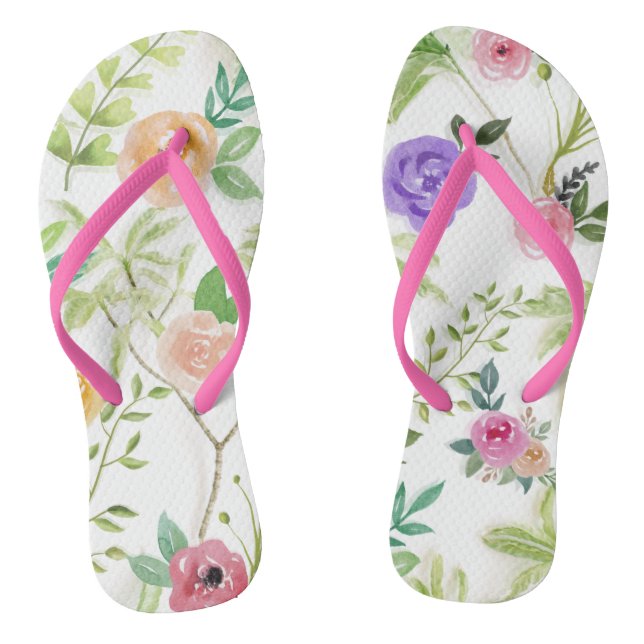 Tongs Fleurs de pêche violettes roses et verdure (Semelle)