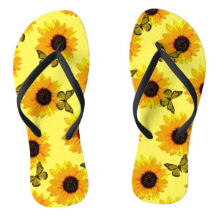 Tongs Fleurs De Soleil Jaunes Et Papillons, Paillettes