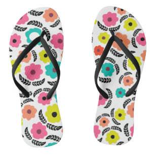 Tongs Fleurs d'été lumineuses et Motif de feuille noir