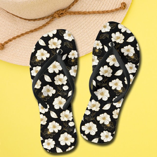Tongs Fleurs d'or blanc Noir (White Gold Flowers Black Flip Flops)