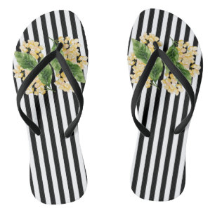 Tongs Fleurs jaunes sur rayures noir et blanc