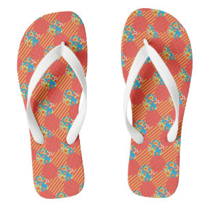 Tongs Fleurs orange et bleues pois faux patchwork