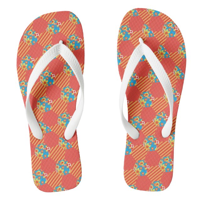 Tongs Fleurs orange et bleues pois faux patchwork (Semelle)