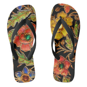 Tongs Fleurs perles colorées sur velours