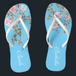Tongs Fleurs roses Clair Bleu Mariage mariée<br><div class="desc">Les flops présentent une illustration de fleurs roses sur un arrière - plan bleu vif, et une typographie mariage classique des mots. Cette belle paire de tongs élégants serait un quelque chose de beau bleu pour un mariage de printemps ou d'été. customisez-le avec votre texte à l'aide des champs modèle....</div>