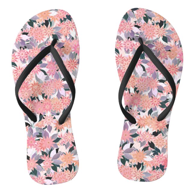 Tongs Fleurs roses sur fond de feuilles argentées (Semelle)