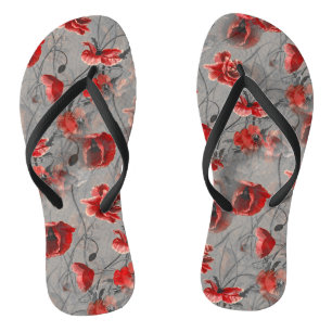 Tongs Fleurs rouges sur Gris foncé, Pépites rouges à pap