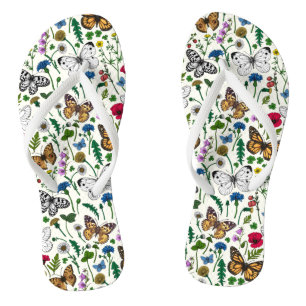 Tongs Fleurs sauvages et papillons sur blanc