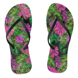 Tongs Fleurs tropicales et plantes en noir