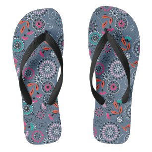 Tongs Folk ethnique abstrait motif floral rétro gris blu