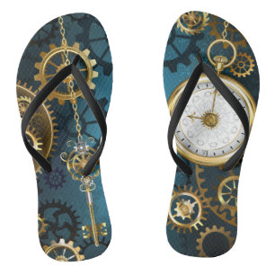 Tongs Fond turquoise Steampunk avec engrenages