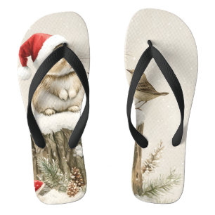 Tongs Forêt enneigée Bois hivernal Noël Lapin Oiseau 