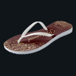 Tongs Gold Lace Auburn Brown Bridesmaid Mariage<br><div class="desc">Ces tongs de mariage élégants sont une excellente façon de remercier et de reconnaître vos demoiselles d'honneur, tout en donnant à leurs pieds un repos après une longue journée. Le design élégant est orné de dentelles dorées sur un arrière - plan de couleur chocolat ou auburn et de lettres de...</div>