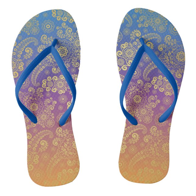 Tongs Golden Luxury Paisley on Blue, Purple et Orange (Semelle)