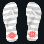 Tongs Gris et corail - Gris et bandes de preppy Monogram<br><div class="desc">Sandales à tongs imprimées sur mesure avec un motif à rayures nautiques préppy et votre monogramme ou autre texte personnalisé dans un cadre circulaire. Cliquez sur Customiser pour modifier les polices de texte et les couleurs ou ajouter vos propres images pour créer un design unique et unique !</div>