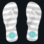 Tongs Gris et turquoise Rayures de preppy Monogramme<br><div class="desc">Sandales à tongs imprimées sur mesure avec un motif à rayures nautiques préppy et votre monogramme ou autre texte personnalisé dans un cadre circulaire. Cliquez sur Customiser pour modifier les polices de texte et les couleurs ou ajouter vos propres images pour créer un design unique et unique !</div>
