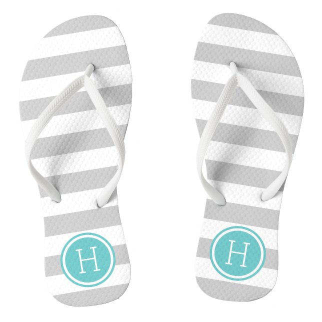 Tongs Gris et turquoise Rayures de preppy Monogramme (Semelle)