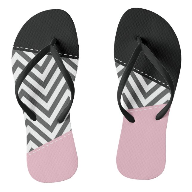 Tongs Gris Zigzag, Gris Chevron, Motif Zigzag, Rose (Semelle)