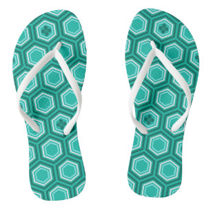 Tongs Impression de kimono hexagonal, turquoise et blanc