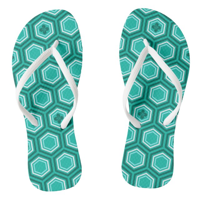 Tongs Impression de kimono hexagonal, turquoise et blanc (Semelle)