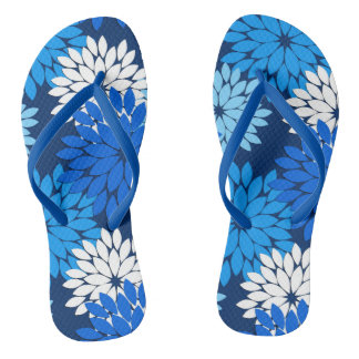 Tongs Imprimé de kimono floral moderne, bleu, aqua et ma