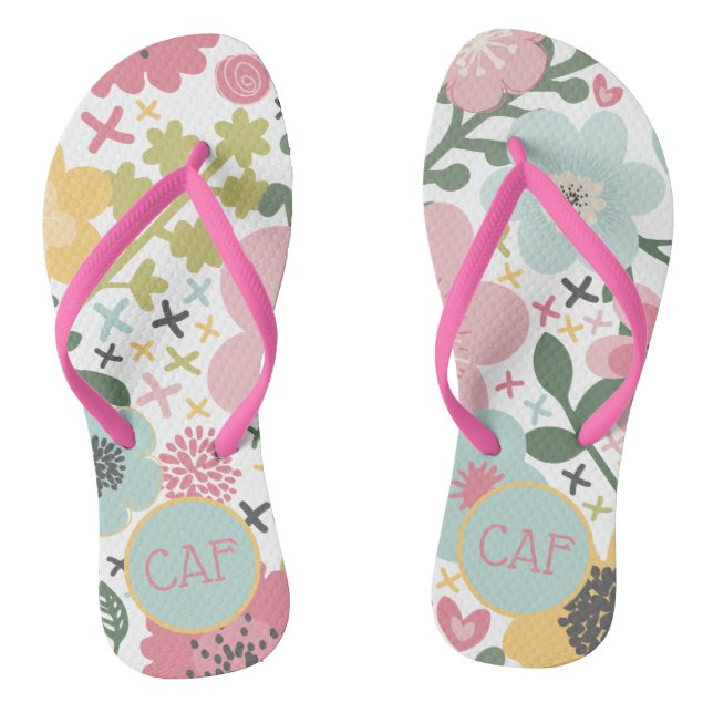 Tongs Initiales de monogramme rose jaune bleu floral ver (Semelle)