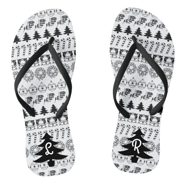 Tongs Initiales | Noir et blanc Motif de Noël Iconique (Semelle)