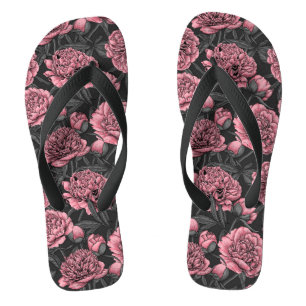 Tongs Jardin de pivoine nocturne rose et gris