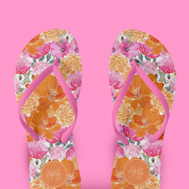 Tongs Jardin floral rose et orange vibre Nom personnalis (Créateur téléchargé)