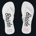 Tongs Jeune mariée personnalisée avec des bascules<br><div class="desc">Ces bascules électroniques peuvent être changées en toutes les offres de zazzle de couleur d'arrière - plan. Elles ont le mot "jeune mariée" en manuscrit en bas de la secousse de secousse. Vous pouvez personnaliser des bascules électroniques avec votre nommé et une date spéciale de quand vous vous êtes réunis...</div>