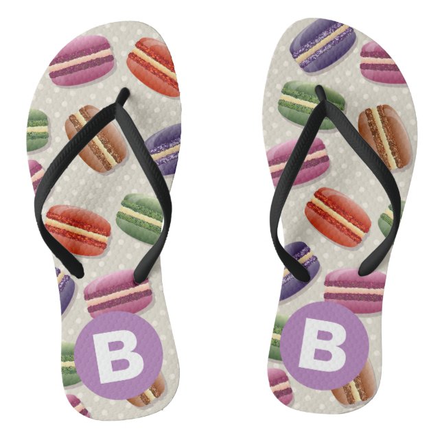 Tongs Joli motif de macaron pointillé monogramme violet (Semelle)