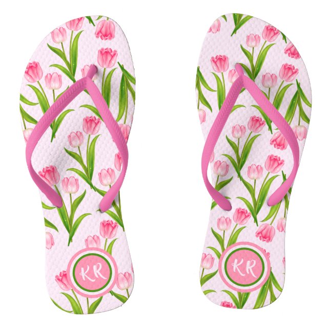 Tongs Jolie Tulipe Rose Fleurs Florales Feuille Monogram (Semelle)