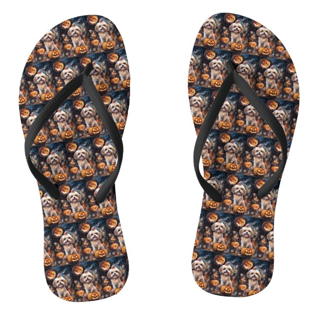 Tongs Lhasa Apso Halloween avec citrouilles effrayant  (Semelle)