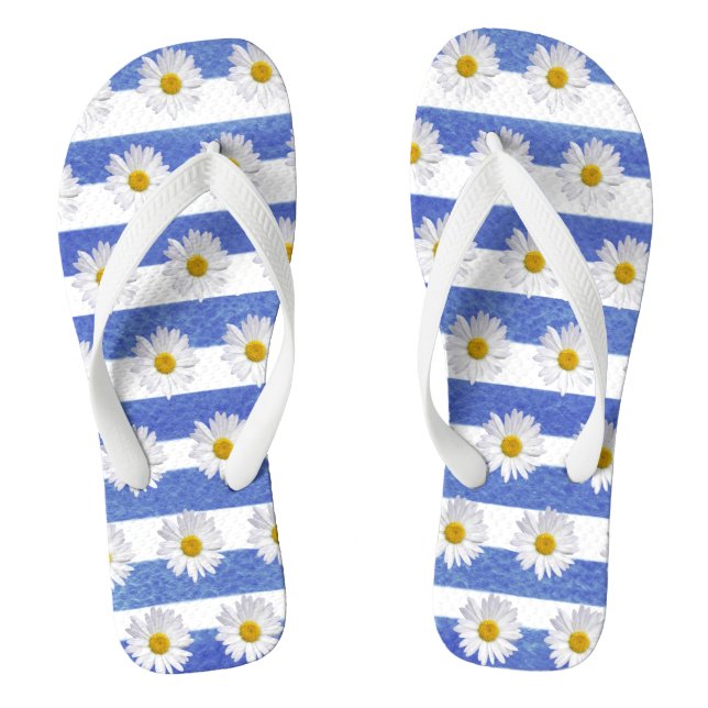 Tongs marguerites sur bande d'aquarelle bleue sur blanc (Semelle)