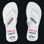 Tongs Mariage Favoriser la typographie moderne<br><div class="desc">Ces tongs de typographie moderne sont un plaisir à remercier pour tous les couples qui ont leur mariage pendant l'été ou un mariage de destination à la plage! Personnalisez avec les noms de la mariée et du marié, la date du mariage, et le nom de votre demoiselle d'honneur, de votre...</div>