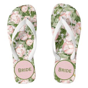 Tongs Mariée Élégant Fleurs Roses Vertes Monogramm