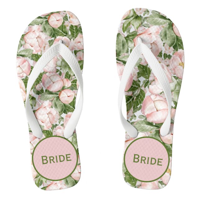 Tongs Mariée Élégant Fleurs Roses Vertes Monogramm (Semelle)