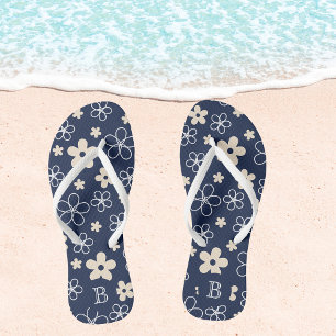 Tongs Marine bleu crème fleur motif rétro