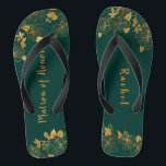 Tongs Matron d'honneur Emerald Green & Gold Foliage<br><div class="desc">Ces magnifiques feuillages vert émeraude et doré matron de tongs d'honneur sont dotés de feuillage doré motif et typographie moderne sur arrière - plan vert foncé intemporel. C'est un beau cadeau pour votre fête de mariée. Affichez la collection sur cette page pour rechercher les éléments correspondants. customisez-le avec vos informations....</div>