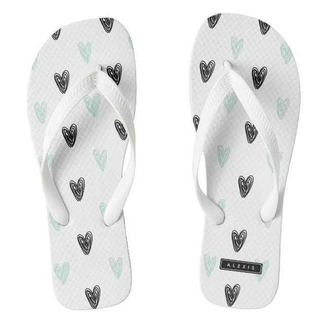 Tongs Mint & Black Hearts Doodles Motif Personnalisé (Semelle)