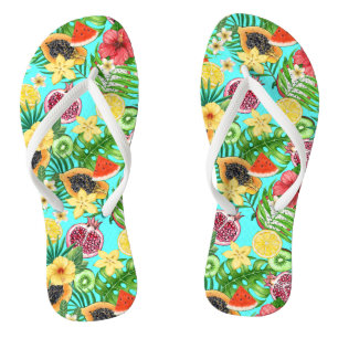 Tongs Mix-fruit tropical, fleurs et feuilles en bleu