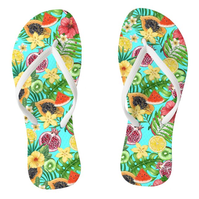 Tongs Mix-fruit tropical, fleurs et feuilles en bleu (Semelle)
