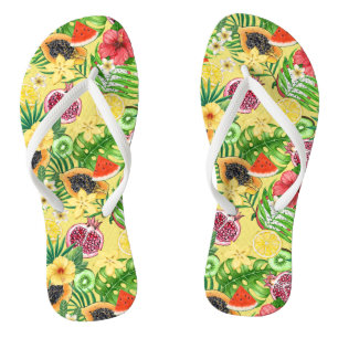 Tongs Mix-fruit tropical, fleurs et feuilles sur jaune