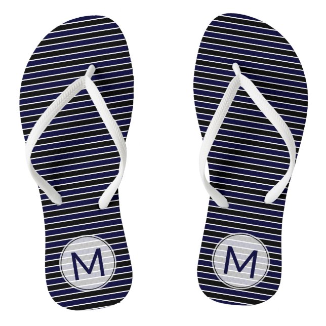 Tongs Moderne Monogramme Rayures Bleu Foncé Noir (Semelle)