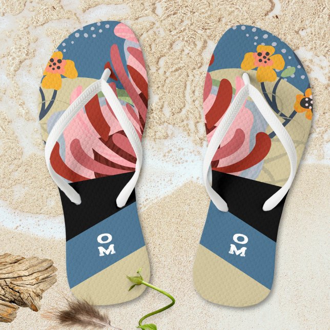 Tongs Monogramme à rayures florales Abstraites (Abstract Floral Striped Monogram Flip Flops ©Susanne Sachers - Sunny Mind 🌞)