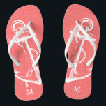 Tongs Monogramme Ancre Vintage de corail rustique<br><div class="desc">sandales à tongs imprimées sur mesure avec une illustration d'ancre vintage nautique rustique et votre monogramme ou autre texte personnalisé. Cliquez sur Customiser pour modifier les polices de texte et les couleurs ou ajouter vos propres images pour créer un design unique et unique !</div>