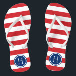 Tongs Monogramme blanc rouge et bleu de bandes Preppy<br><div class="desc">Sandales à tongs imprimées sur mesure avec un motif à rayures nautiques préppy et votre monogramme ou autre texte personnalisé dans un cadre circulaire. Cliquez sur Customiser pour modifier les polices de texte et les couleurs ou ajouter vos propres images pour créer un design unique et unique !</div>