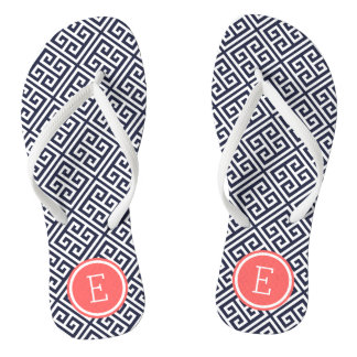Tongs Monogramme clé grecque marine et corail