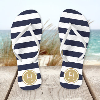 Tongs Monogramme de la Marine et de l'or Preppy